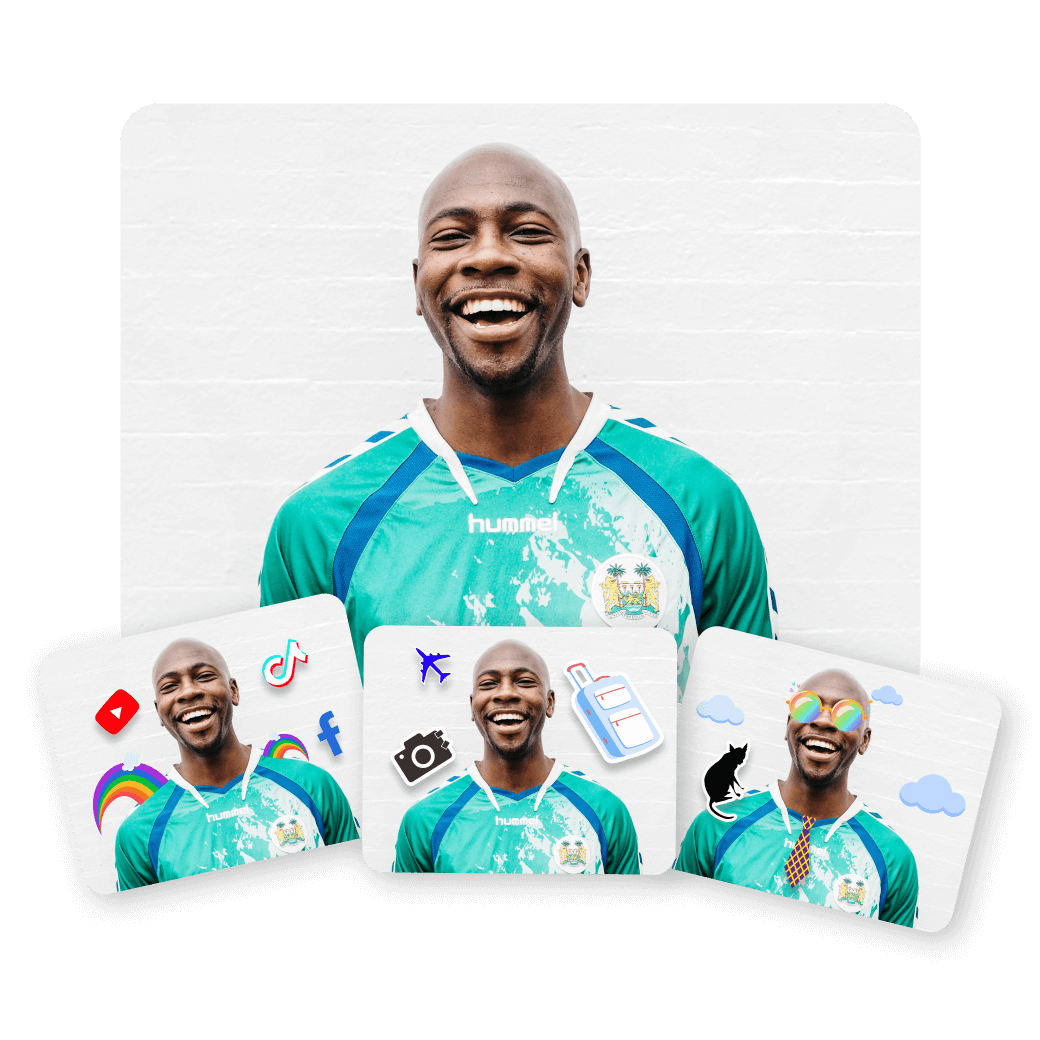 Happy black man multiple images with multiple stickers