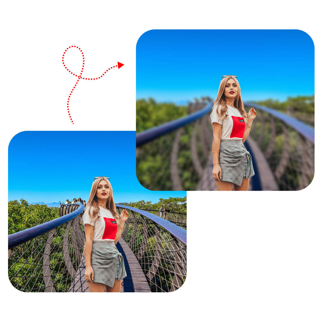 Blonde girl in casual outfit on bridge image with background blur