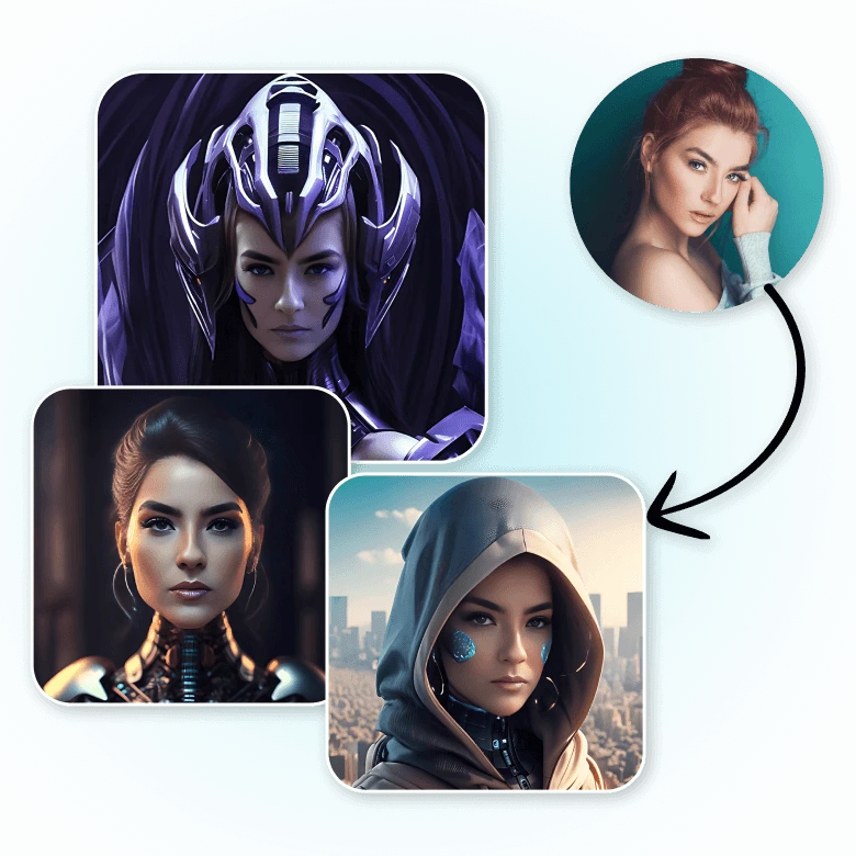 Multiple AI generated cyborg avatar images