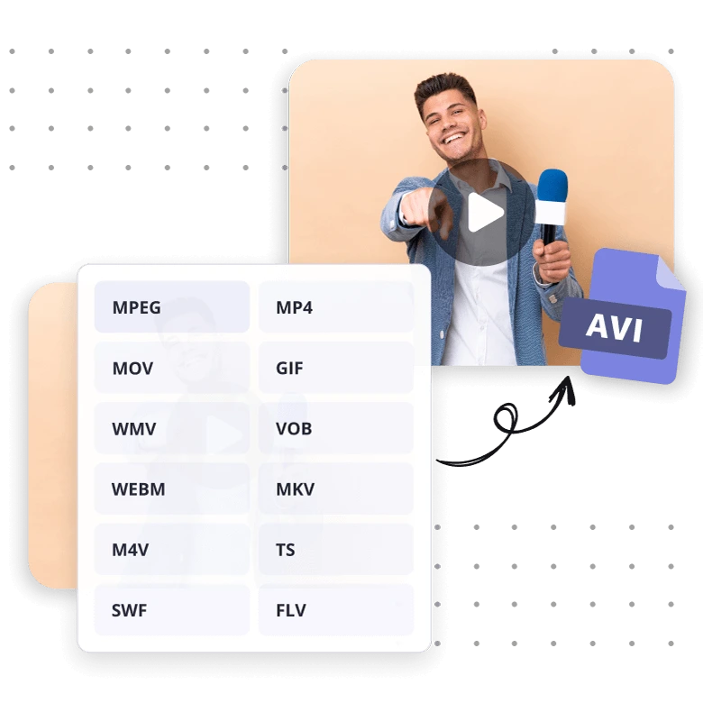 A man is holding a mic and presenting the following format convert AVI to MP4, MOV, MPEG, WAV, and more.