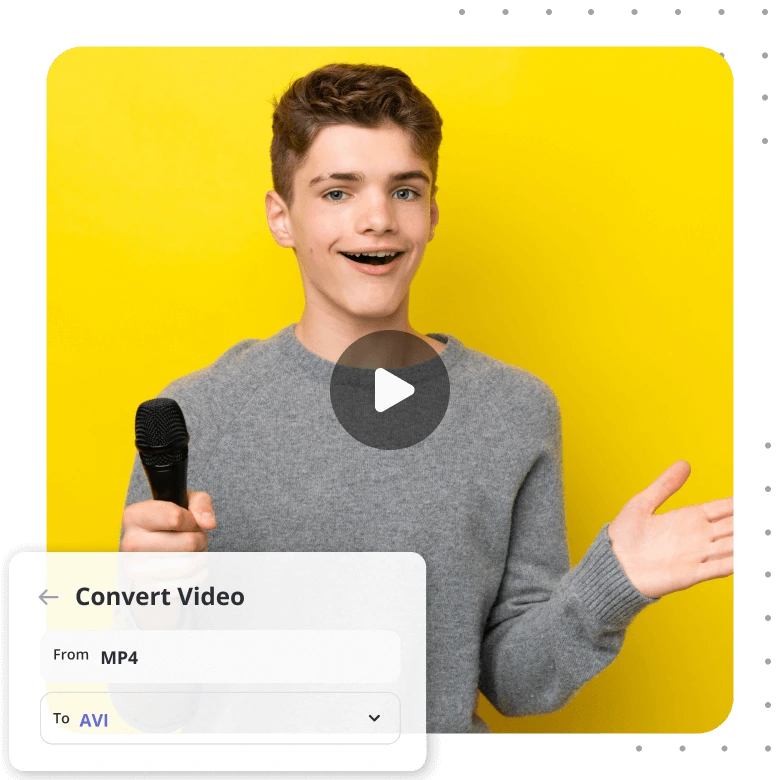 A boy is holding a mic on a yellow background with a text bubble that shows how to convert video to AVI.