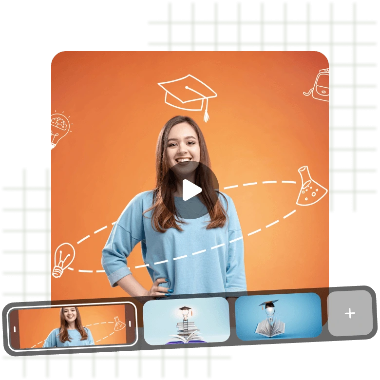 A girl on orange background shows add multiple media and animation to your educational video