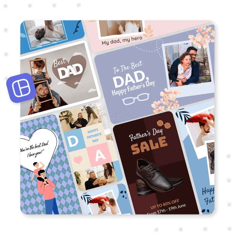 Happy Father's Day wishes and Father's Day sale ad images with aesthetic background