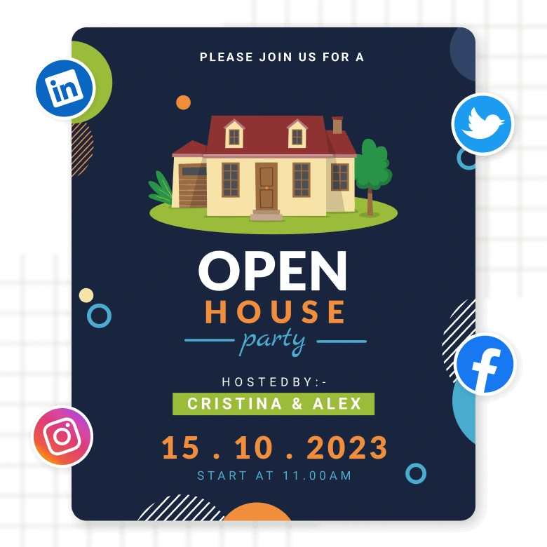 Open house flyers templates with social media icons