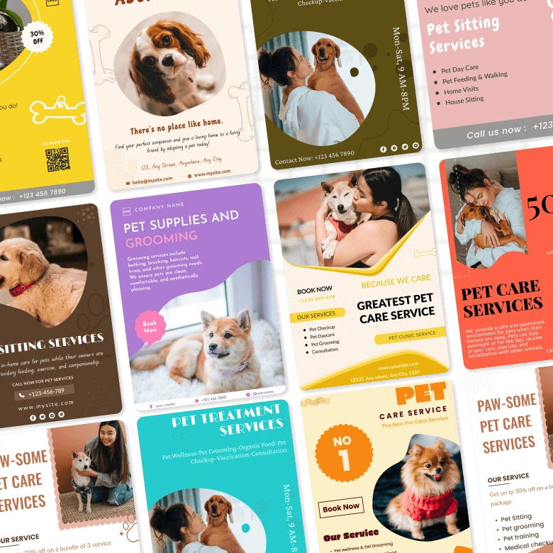 Pet grooming flyer with social media illustrations