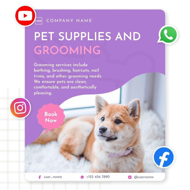 Pet supplies and grooming flyer on a purple background