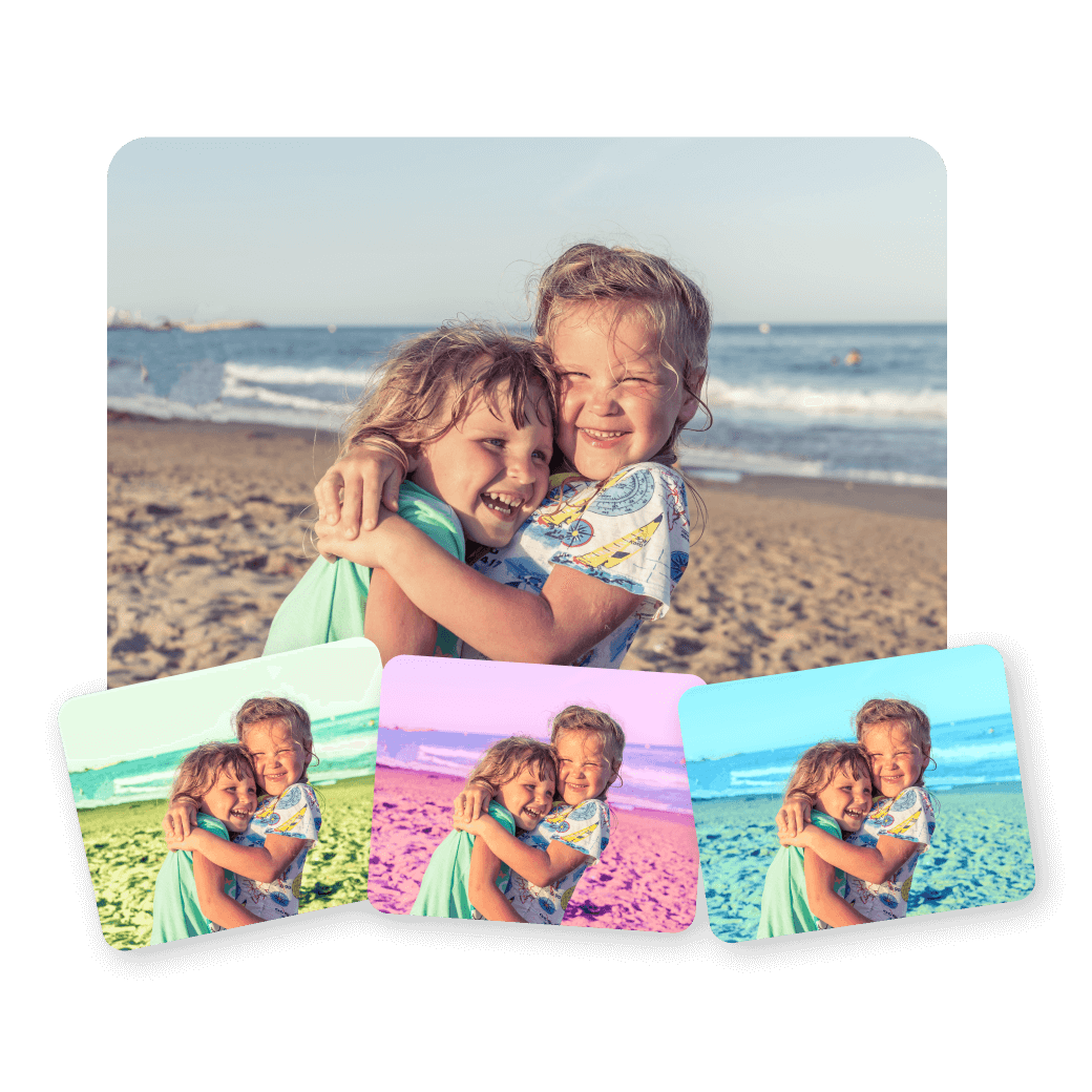 Children at beach with 3 different background colors