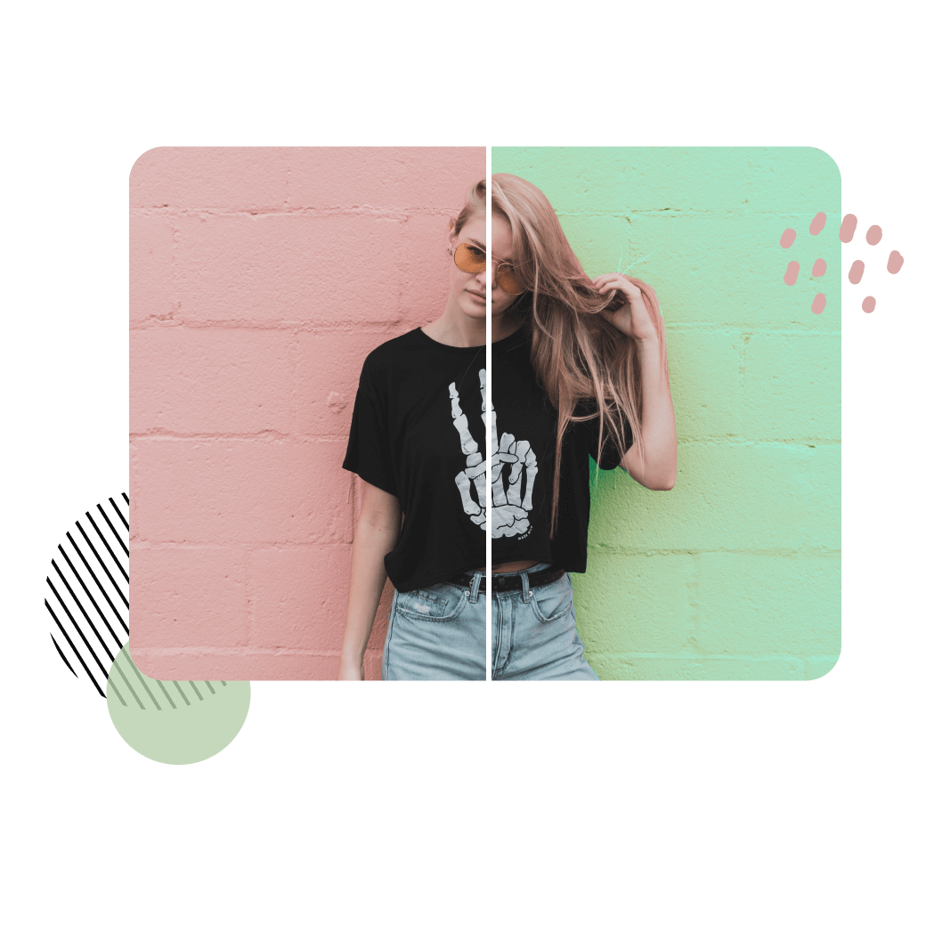 Girl in black top with 2 different background colors